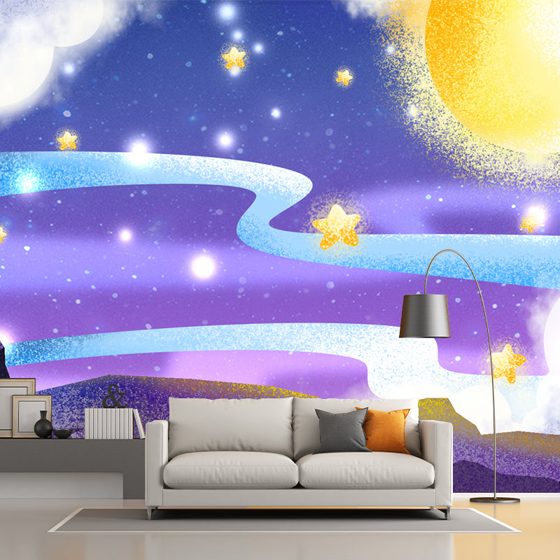 Fantasy Starry Moon Night Mural Wallpaper for Child Room, Purple-Yellow, Made to Measure