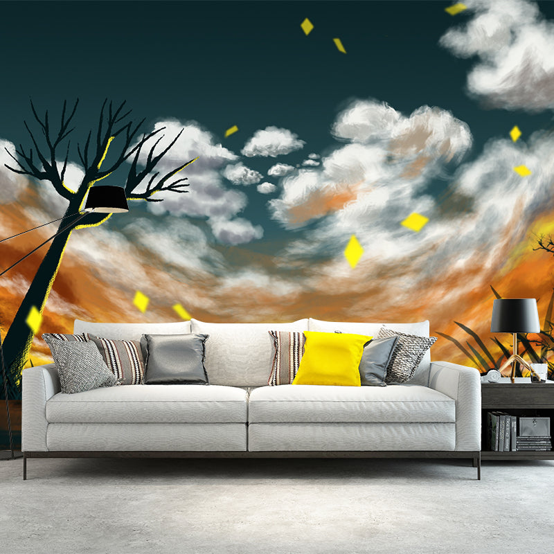 Childrens Art Sunset Scenery Mural Yellow-White Bare Tree Wall Decor for Bedroom