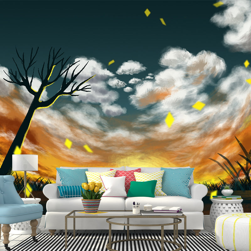 Childrens Art Sunset Scenery Mural Yellow-White Bare Tree Wall Decor for Bedroom
