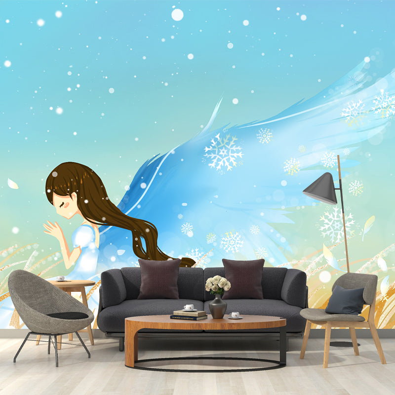 Full-Size Frost Day Mural for Bedroom Angel in Wheat Field Wall Art in Blue, Stain Resistant