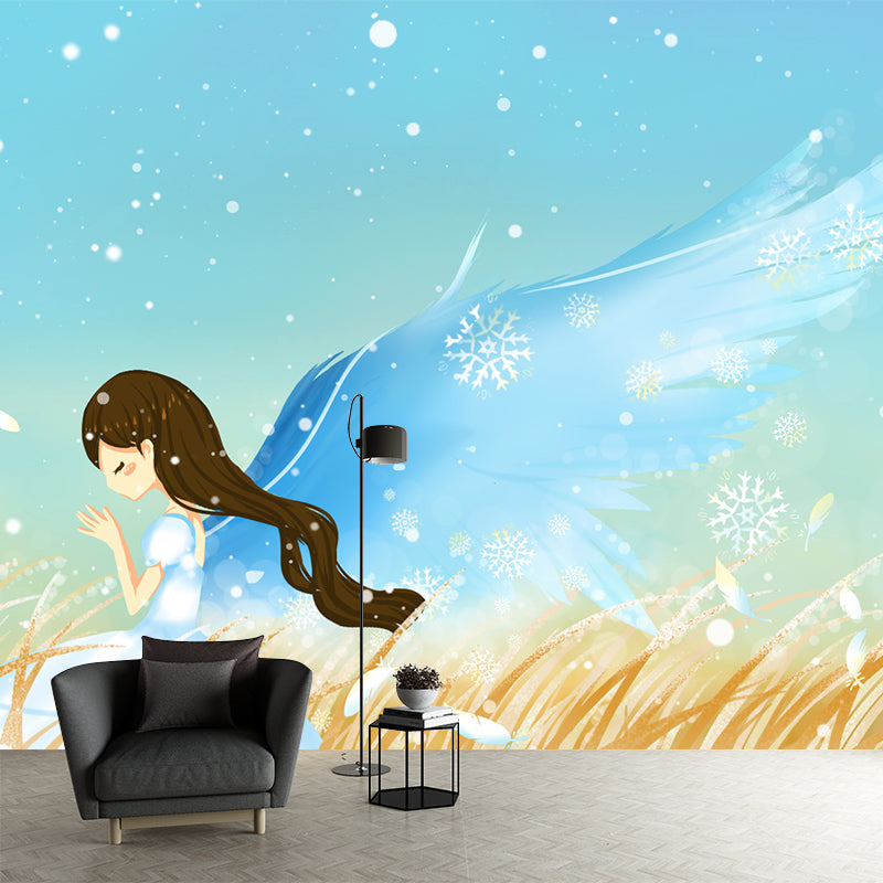 Full-Size Frost Day Mural for Bedroom Angel in Wheat Field Wall Art in Blue, Stain Resistant