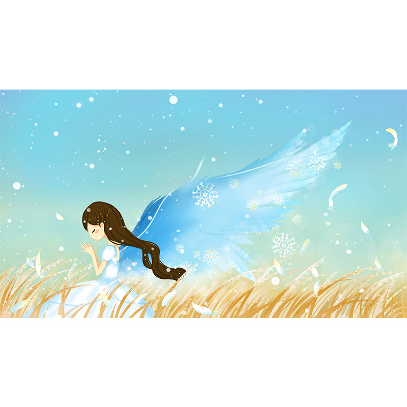 Full-Size Frost Day Mural for Bedroom Angel in Wheat Field Wall Art in Blue, Stain Resistant