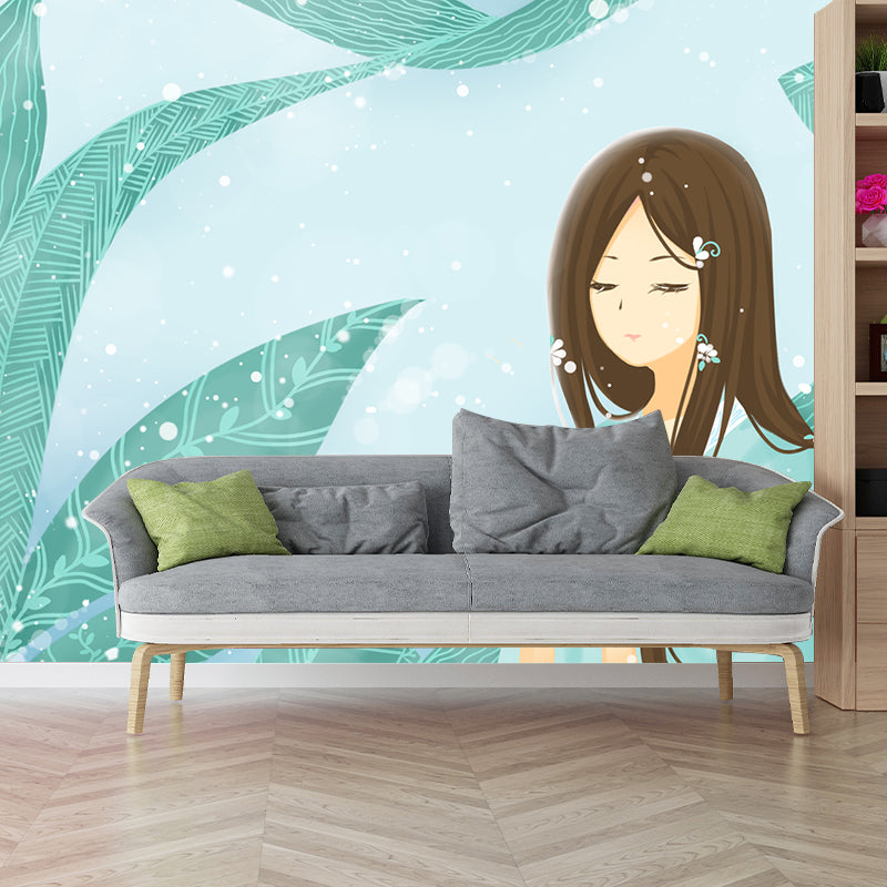 Aqua Leaf and Girl Mural Wallpaper Waterproofing Childrens Art Bedroom Wall Decor