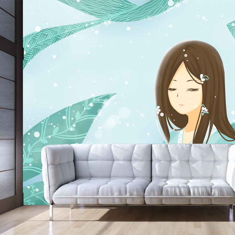 Aqua Leaf and Girl Mural Wallpaper Waterproofing Childrens Art Bedroom Wall Decor