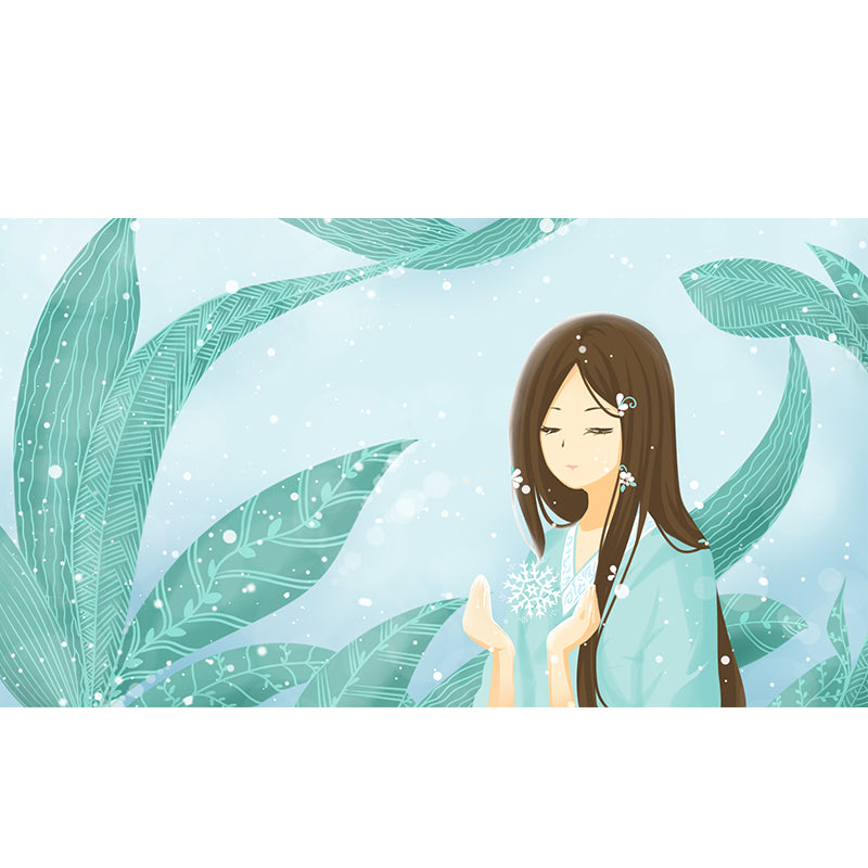 Aqua Leaf and Girl Mural Wallpaper Waterproofing Childrens Art Bedroom Wall Decor