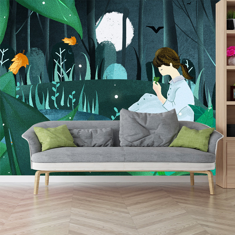 Childrens Art Moon Night Mural Green Girl in Forest Wall Decor for Bedroom, Custom-Print