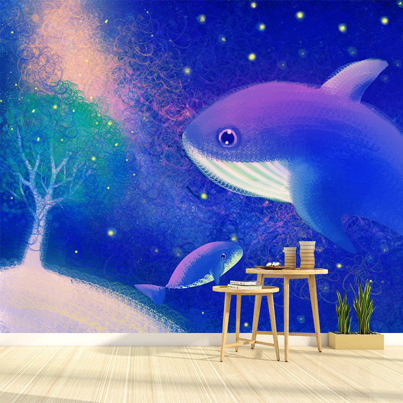 Blue-Purple Whales Wall Mural Starry Night Childrens Art Waterproof Wall Covering