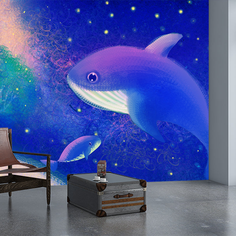 Blue-Purple Whales Wall Mural Starry Night Childrens Art Waterproof Wall Covering