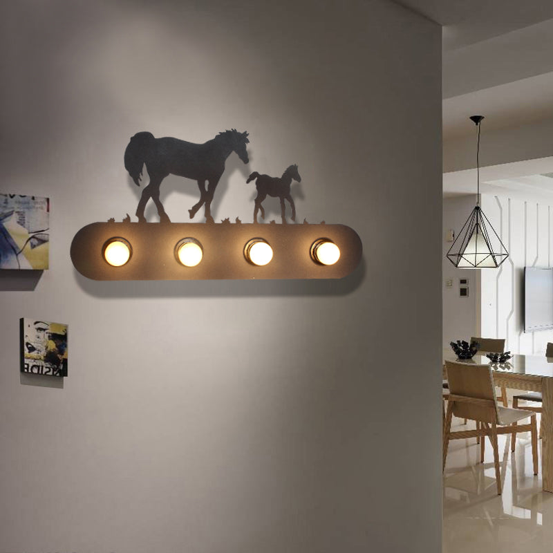 Lodge Open Bulb Wall Light with Elk/Horse/Sheep/Mountain/Windmill/Tree Design 4 Bulbs Metallic Wall Sconce in Black for Indoor