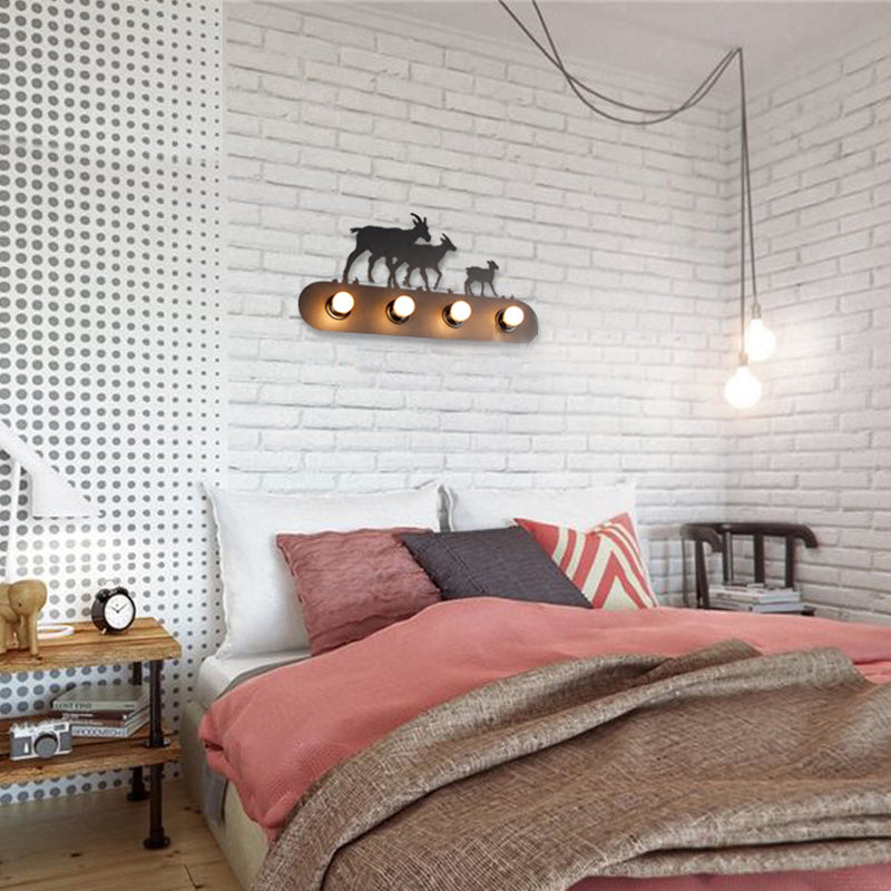 Lodge Open Bulb Wall Light with Elk/Horse/Sheep/Mountain/Windmill/Tree Design 4 Bulbs Metallic Wall Sconce in Black for Indoor