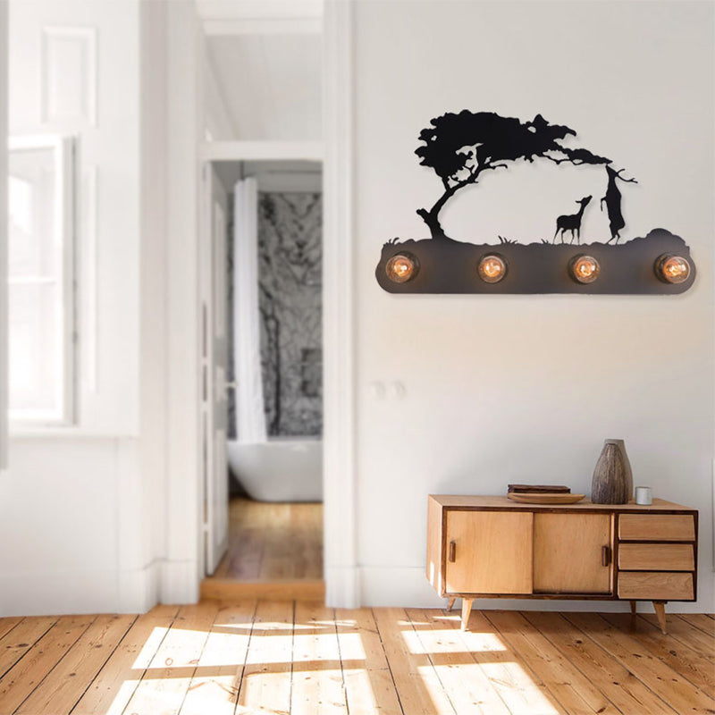 Lodge Open Bulb Wall Light with Elk/Horse/Sheep/Mountain/Windmill/Tree Design 4 Bulbs Metallic Wall Sconce in Black for Indoor