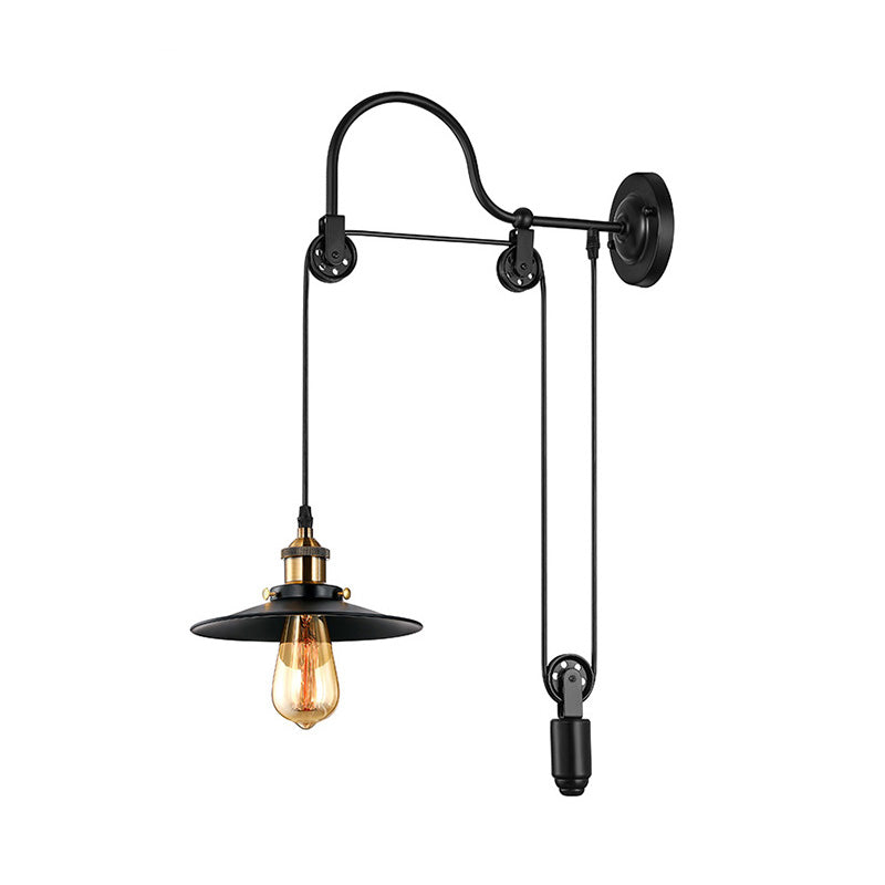 1 Bulb Flat Wall Mounted Lamp Industrial Style Black Metallic Adjustable Wall Lighting Fixture with Pulley Design