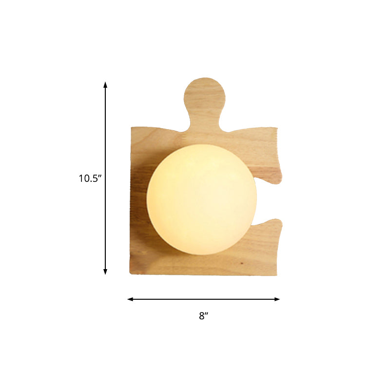Japanese Style Orb Wall Light with Wooden Puzzle Base Glass 1 Light Beige Sconce Lamp for Corridor Kitchen