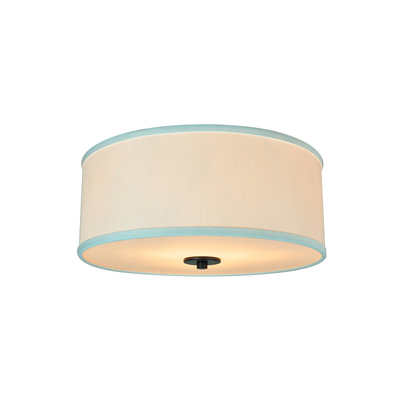 Drum Shade Flush Light Modern Fabric 5 Bulbs 16"/19.5" Wide Bedroom Ceiling Mount Fixture in Grey/White with Green Rim
