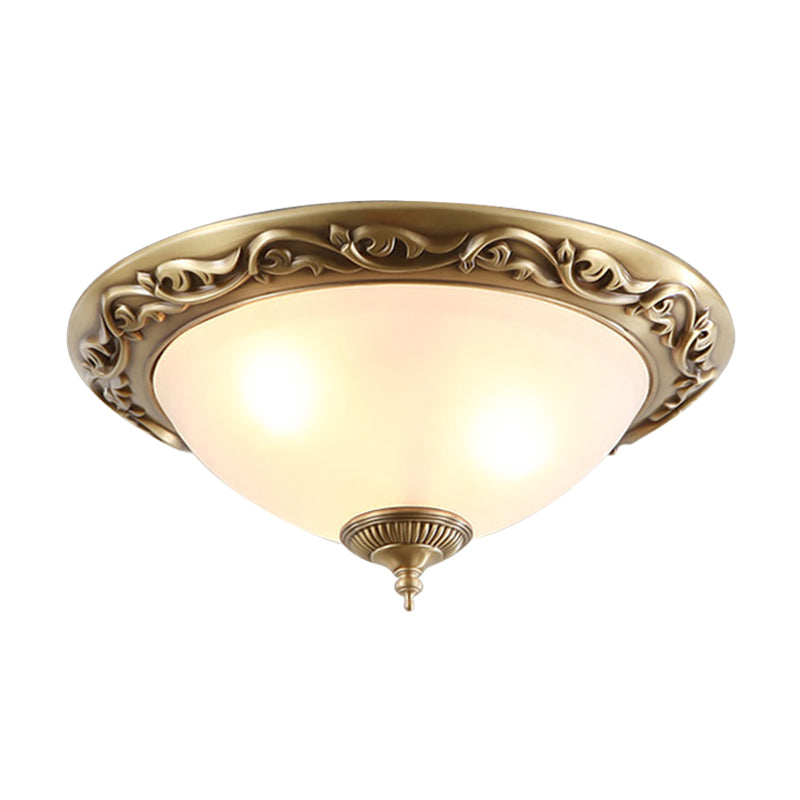 Opaline Glass Brass Flush Light Semicircle 12"/16"/19.5" Wide 2/3 Heads Traditional Ceiling Lighting for Bedroom
