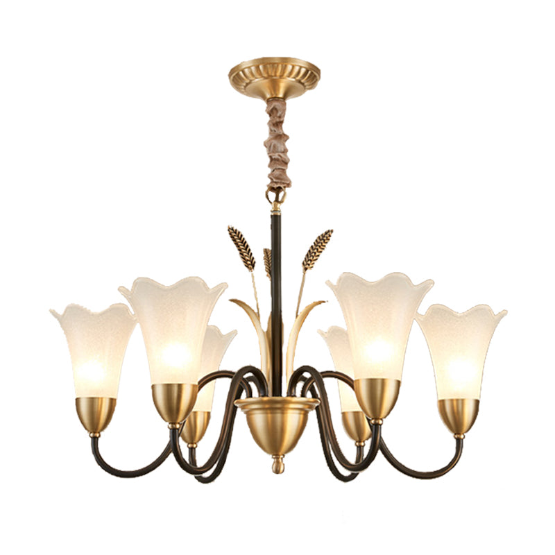 Country Style Mini Flower Pendulum Light 6/8 Bulbs Frosted Glass Hanging Chandelier with Scroll Arm in Black and Gold