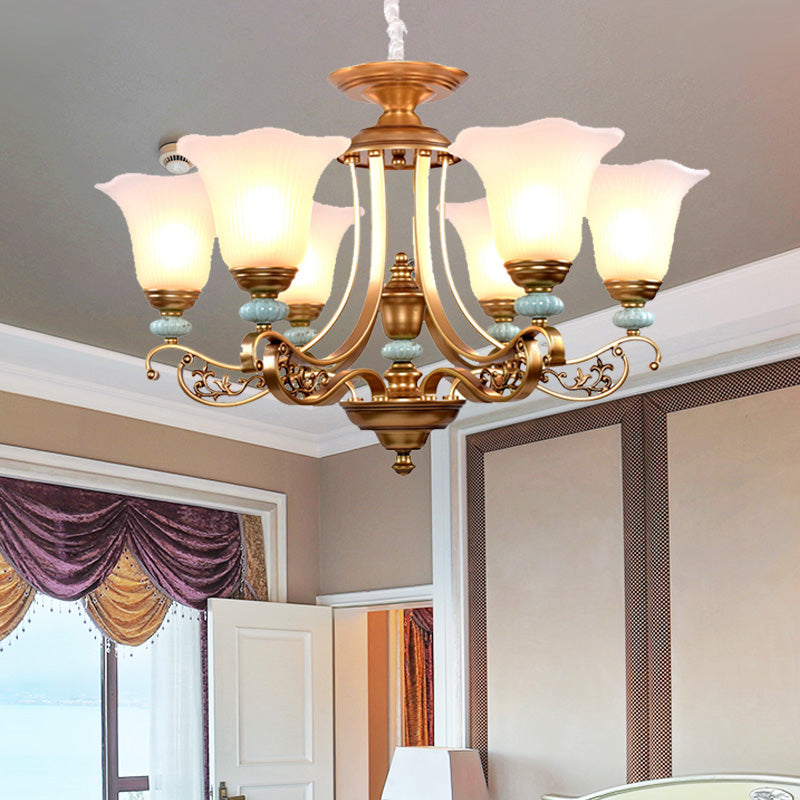 3/6/8-Head Bloom Ceiling Chandelier Rustic Style Gold Milky Glass Suspended Lighting Pendant with Curvy Arm