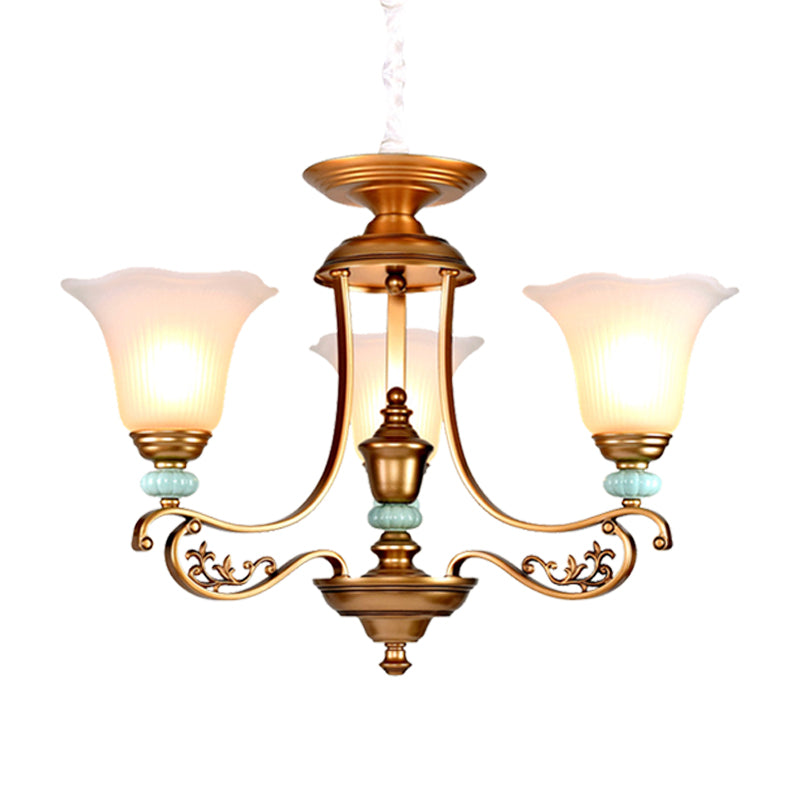 3/6/8-Head Bloom Ceiling Chandelier Rustic Style Gold Milky Glass Suspended Lighting Pendant with Curvy Arm