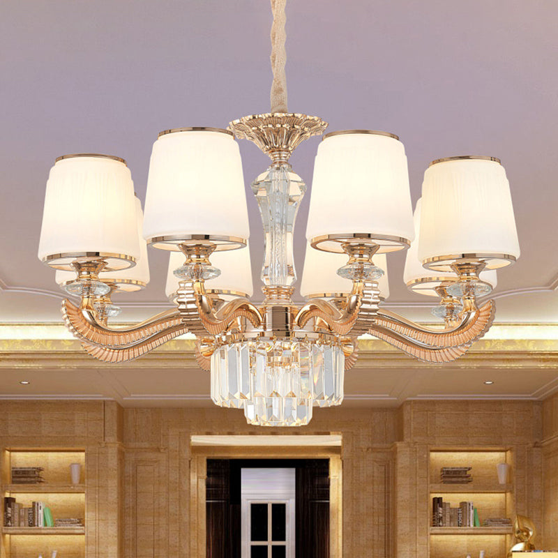 6/8-lichte plafond kroonluchter traditionele salon hangende lamp met taps toelopende melkglazen schaduw in goud
