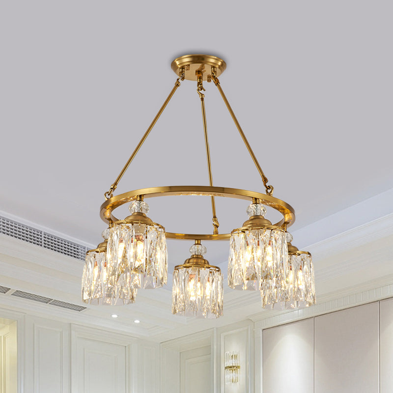 Postmoderne cirkel hangende kroonluchter 5 bollen gesneden kristalcilinder plafond hanglamp in goud