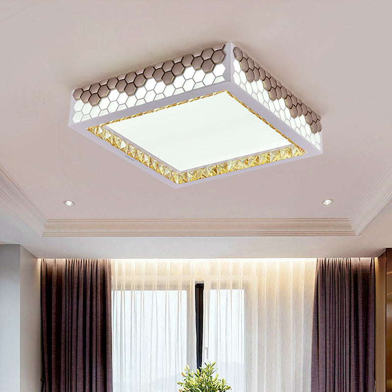 White-Gold Square Flush Light Fixture Modern Crystal Bedroom LED Ceiling Lighting with Honeycomb Design