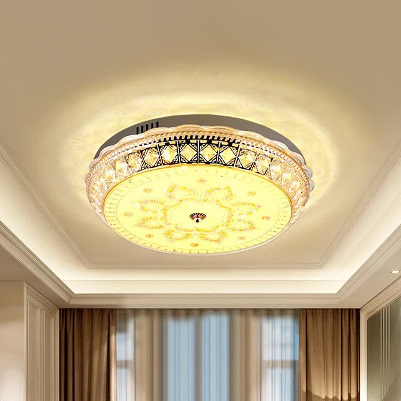 Clear Crystal Embedded Drum Flushmount Modern Living Room LED Flush Ceiling Light with Flower Pattern