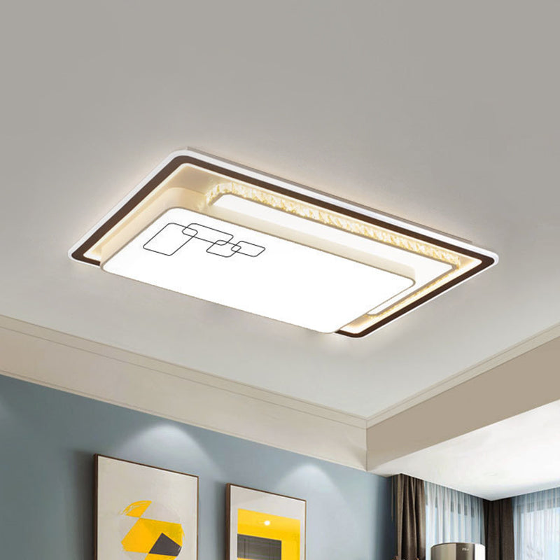 Oversized Rectangle LED Flush Mount Lamp Modern White Acrylic Ceiling Lighting with Crystal Accent, Warm/White Light