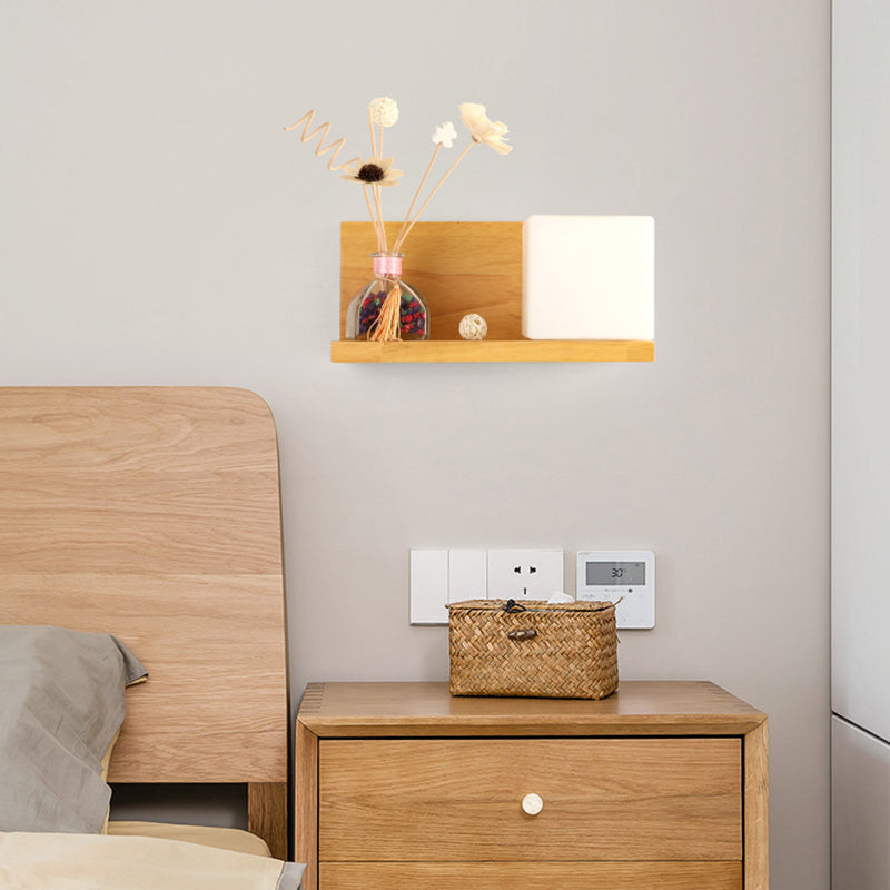 Contemporary Beige Wall Lamp with Fake Plant Deco Cube Shade 1 Light Wood & Milk Glass Sconce Light for Bedroom
