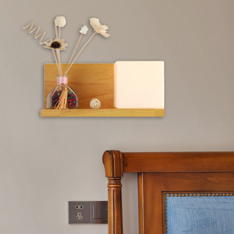 Contemporary Beige Wall Lamp with Fake Plant Deco Cube Shade 1 Light Wood & Milk Glass Sconce Light for Bedroom