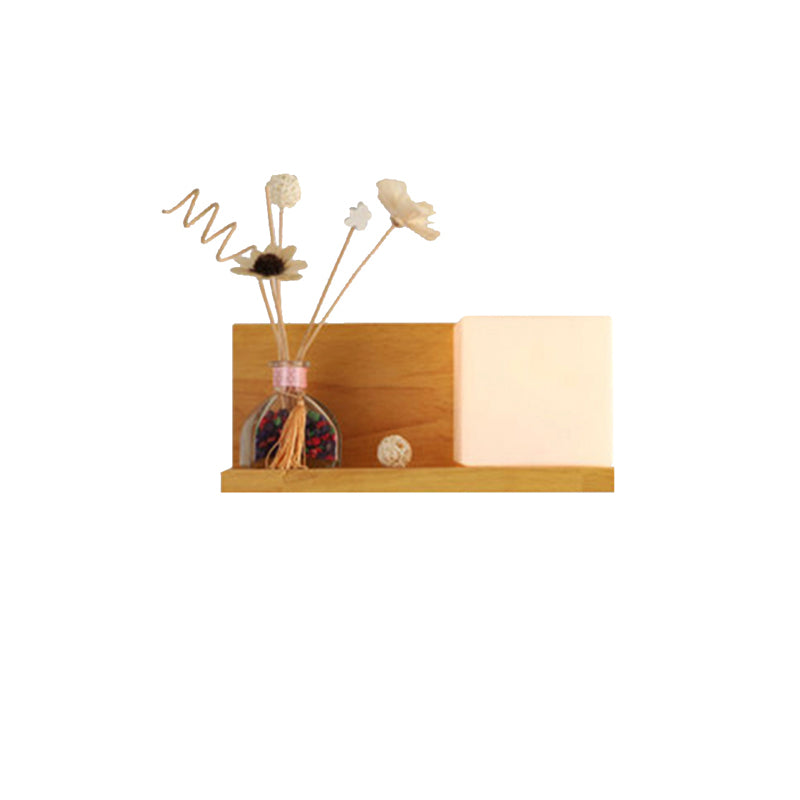 Contemporary Beige Wall Lamp with Fake Plant Deco Cube Shade 1 Light Wood & Milk Glass Sconce Light for Bedroom