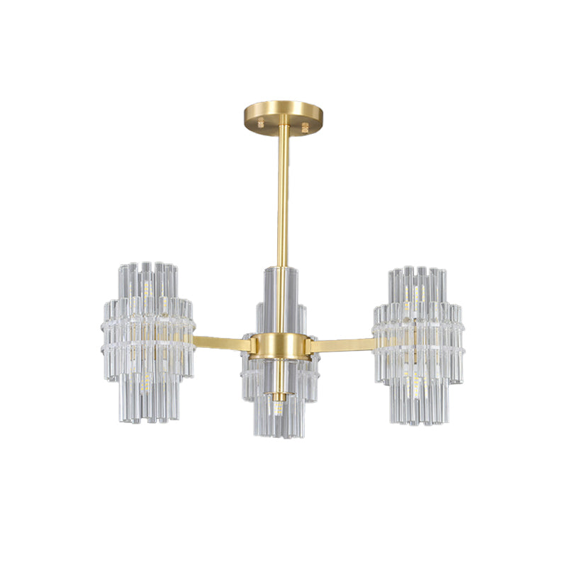 6-Light Semi Mount Lighting Postmodern Cylinder Clear Crystal Rods Close to Ceiling Light in Gold