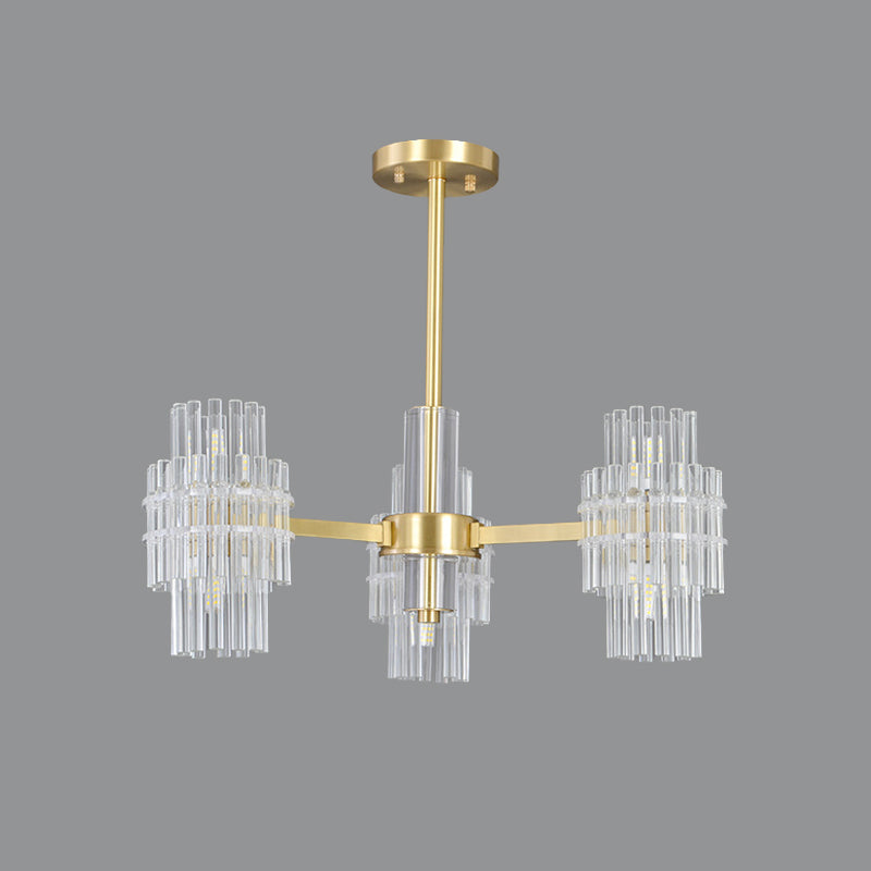 6-Light Semi Mount Lighting Postmodern Cylinder Clear Crystal Rods Close to Ceiling Light in Gold