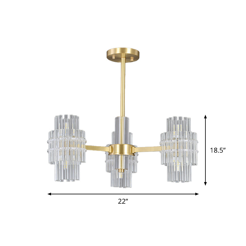 6-Light Semi Mount Lighting Postmodern Cylinder Clear Crystal Rods Close to Ceiling Light in Gold