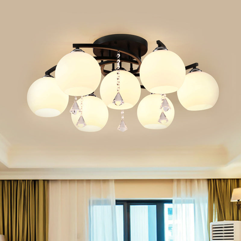 Leche de vidrio de vidrio semi-ras de luz moderna 3/7/9 cabezas de techo de la sala de techo de la habitación Chandelier en negro