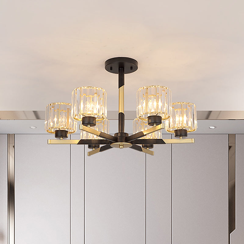 Cylindrical Crystal Semi Flush Chandelier Modern 6/8-Head Living Room Flush Ceiling Light in Black