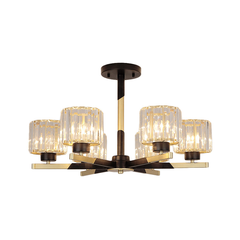 Cylindrical Crystal Semi Flush Chandelier Modern 6/8-Head Living Room Flush Ceiling Light in Black