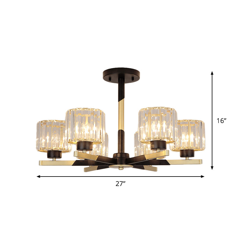 Cylindrical Crystal Semi Flush Chandelier Modern 6/8-Head Living Room Flush Ceiling Light in Black