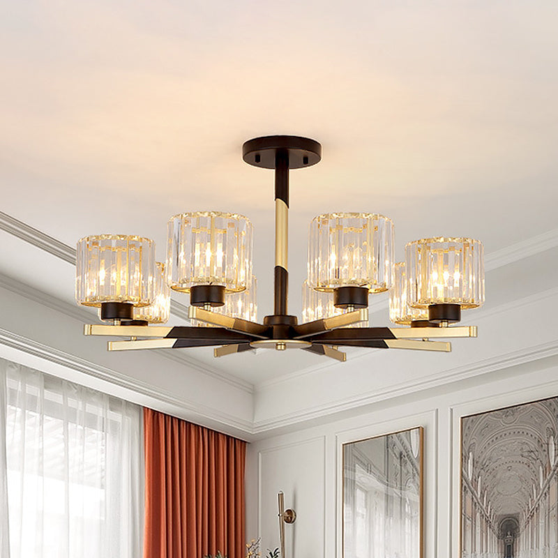 Cylindrical Crystal Semi Flush Chandelier Modern 6/8-Head Living Room Flush Ceiling Light in Black