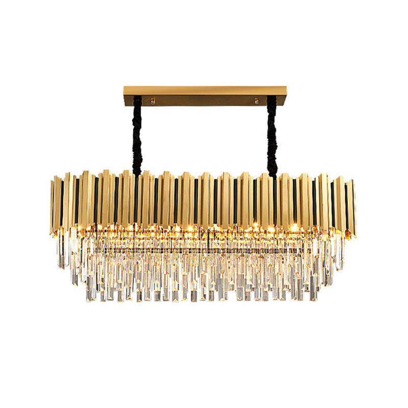 Oblong 3-Sided Crystal Rod Island Light Postmodern 10-Light Kitchen Dinette Drop Pendant in Gold