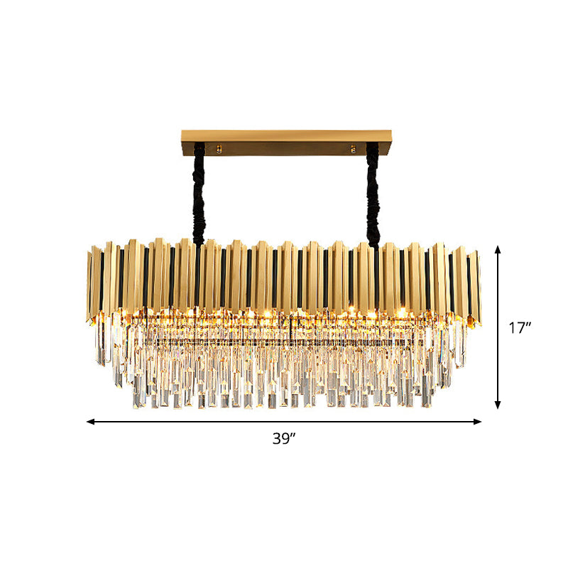 Oblong 3-Sided Crystal Rod Island Light Postmodern 10-Light Kitchen Dinette Drop Pendant in Gold