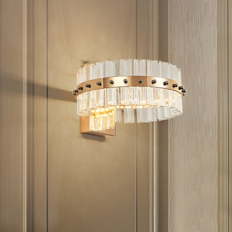 Drum Bedside Wall Sconce Lighting Postmodern Clear Crystal Prism Gold LED Flush Mount Wall Light