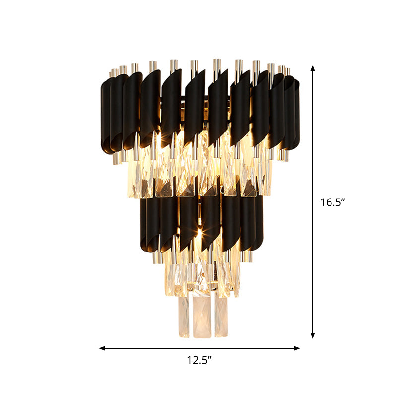 3-Bulb Tiered Tapered Flush Wall Sconce Contemporary Black Beveled Crystal Wall Light Fixture