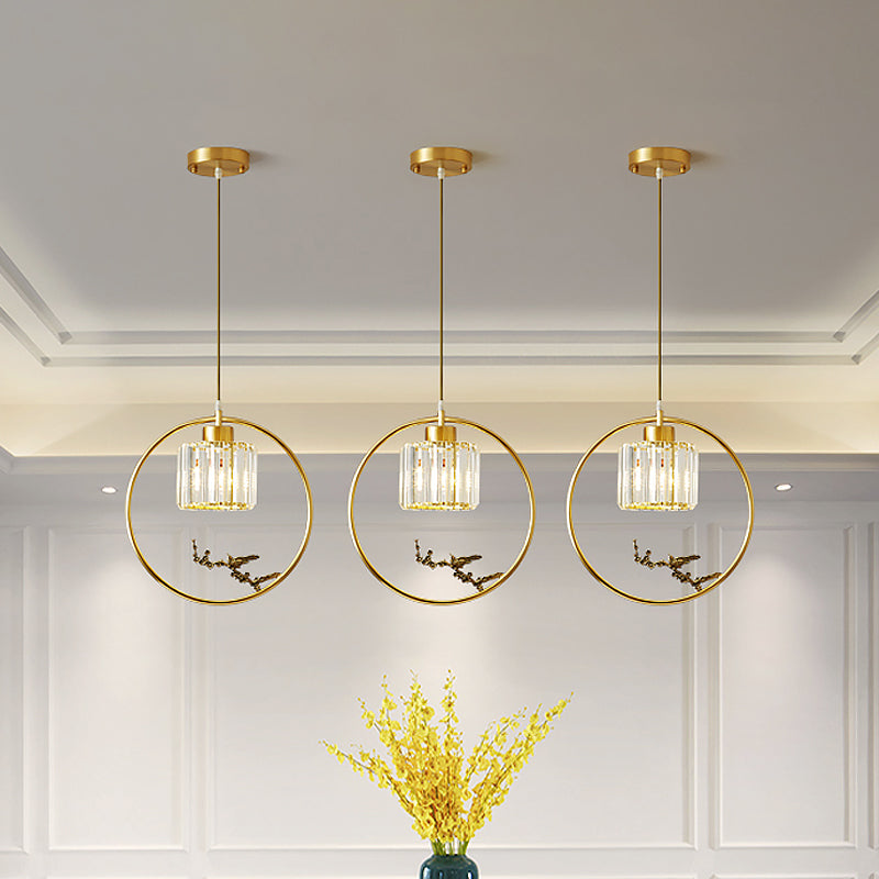1-Light Crystal Cylinder Down Lighting Modern Gold Circle Dining Room Suspension Pendant with Decorative Bird/Dragonfly