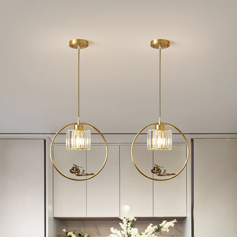 1-Light Crystal Cylinder Down Lighting Modern Gold Circle Dining Room Suspension Pendant with Decorative Bird/Dragonfly
