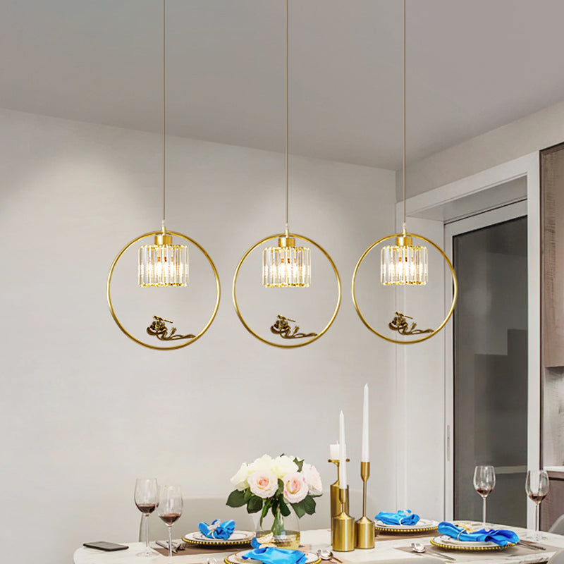 1-Light Crystal Cylinder Down Lighting Modern Gold Circle Dining Room Suspension Pendant with Decorative Bird/Dragonfly