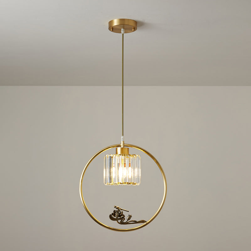 1-Light Crystal Cylinder Down Lighting Modern Gold Circle Dining Room Suspension Pendant with Decorative Bird/Dragonfly