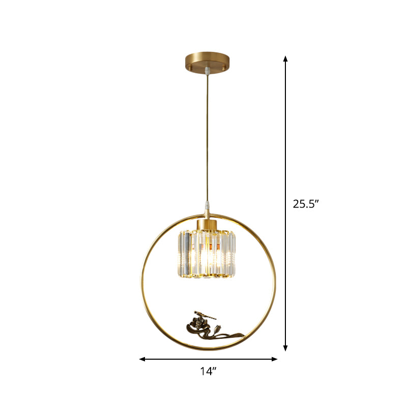 1-Light Crystal Cylinder Down Lighting Modern Gold Circle Dining Room Suspension Pendant with Decorative Bird/Dragonfly
