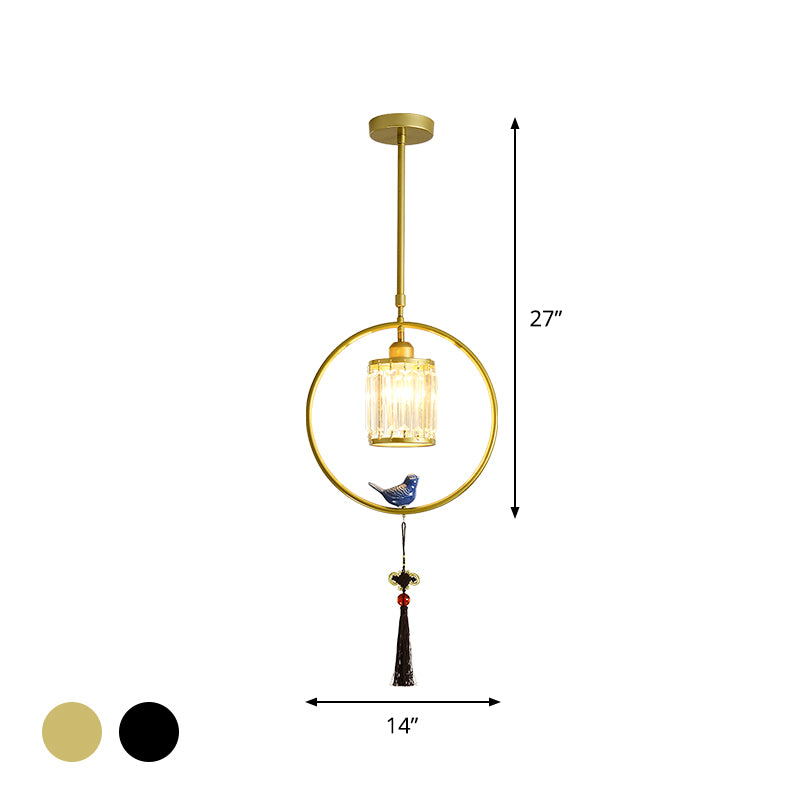 Black/Gold Single Pendant Light Modern Prismatic Crystal Square/Round Hanging Lamp with Hoop and Tassel