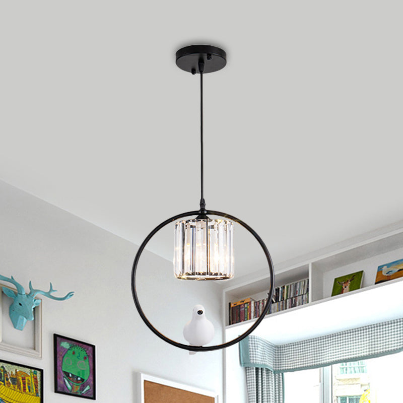 Black/Gold Hoop Pendulum Light Modern Iron 1 Head Living Room Drop Pendant with Bird and Cylinder Crystal Shade