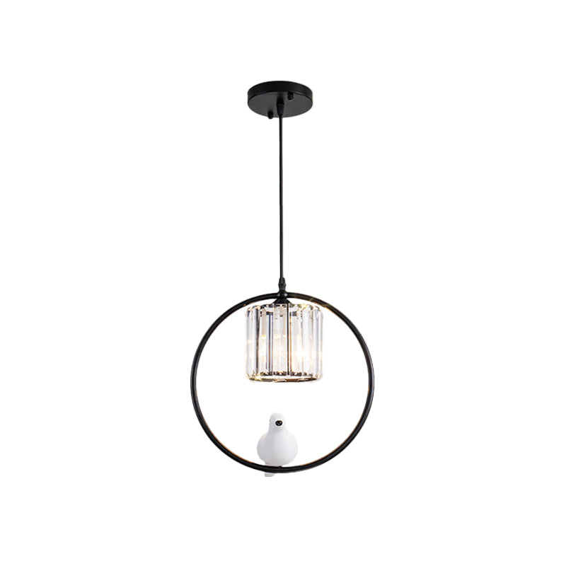 Black/Gold Hoop Pendulum Light Modern Iron 1 Head Living Room Drop Pendant with Bird and Cylinder Crystal Shade